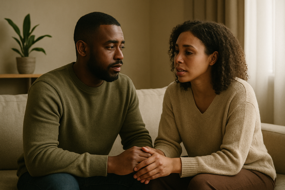 A couple sits closely on a beige couch in a softly lit living room. The man listens attentively, gently holding the woman’s hands as she expresses concern. Warm tones and natural light create a calm, emotionally intimate atmosphere, symbolizing support, empathy, and emotional leadership.